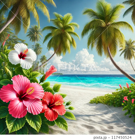ハイビスカスが咲き誇る楽園の浜辺 117450524
