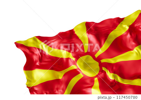 Realistic flag of North Macedonia, isolated on white background. Footer, corner design element. Cut out. Perfect for patriotic themes or national event promotions. Empty, copy space. 3D render. 117450780