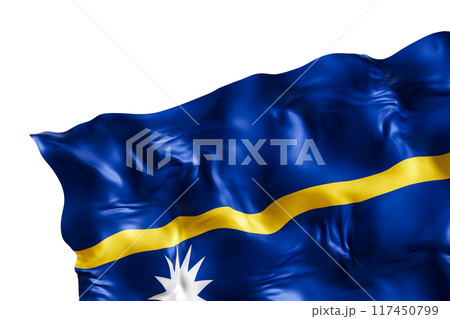 Realistic flag of Nauru with folds, isolated on white background. Footer, corner design element. Cut out. Perfect for patriotic themes or national event promotions. Empty, copy space. 3D render. 117450799