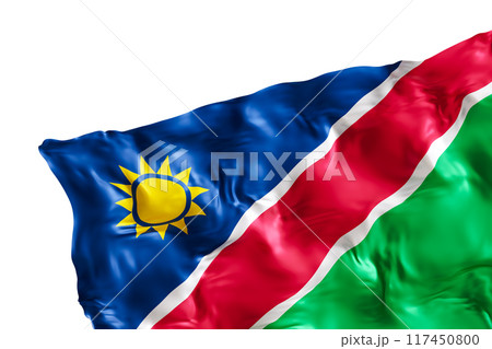 Realistic flag of Namibia with folds, isolated on white background. Footer, corner design element. Cut out. Perfect for patriotic themes or national event promotions. Empty, copy space. 3D render. 117450800