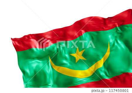 Realistic flag of Mauritania with folds, isolated on white background. Footer, corner design element. Cut out. Perfect for patriotic themes or national event promotions. Empty, copy space. 3D render. 117450801