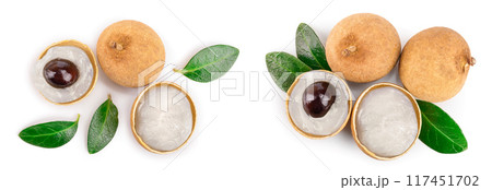 Fresh longan fruit with leaves isolated on white background. Top view. Flat lay Fresh longan fruit with leaves isolated on white background. Top view. Flat lay 117451702
