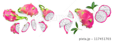 Dragon fruit, Pitaya or Pitahaya isolated on white background. Top view. Flat lay Dragon fruit, Pitaya or Pitahaya isolated on white background. Top view. Flat lay 117451703