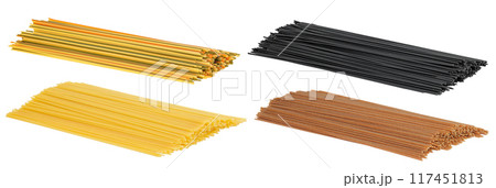 Uncooked colorful, black, brown and yellow spaghetti isolated on white background Uncooked colorful, black, brown and yellow spaghetti isolated on white background 117451813