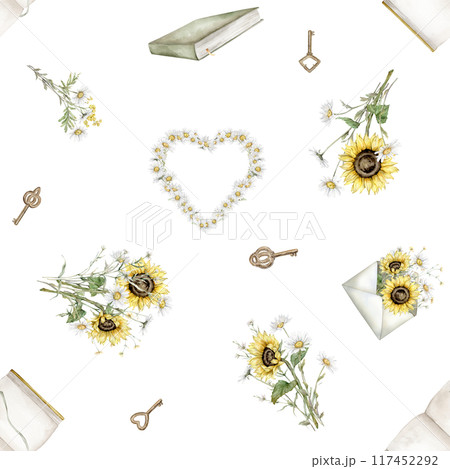 Watercolor seamless pattern with green book in vintage style and open envelope with bouquet of daisy and sunflower flowers. Hand drawn illustration keys bronze colors. Heart wreath with wildflowers. Watercolor seamless pattern with green book in vintage style and open envelope with bouquet of daisy and sunflower flowers. Hand drawn illustration keys bronze colors. Heart wreath with wildflowers. 117452292