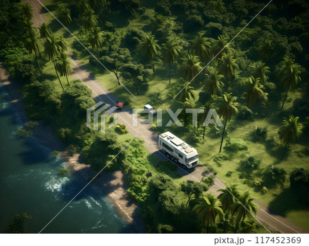 Recreational Vehicle Apartment Truck on the Road in a Tropical Paradise Aerial AI Photo 117452369