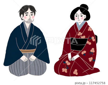着物姿で座る男女のイラスト 117452758
