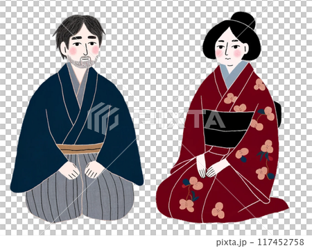 着物姿で座る男女のイラスト 117452758