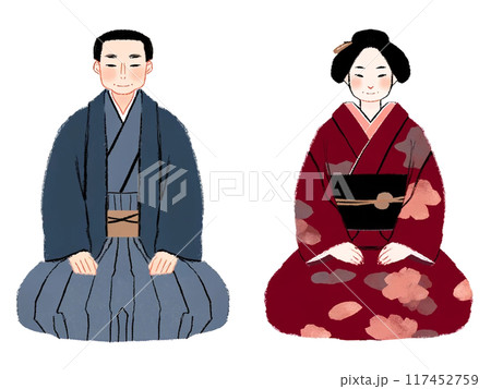 着物姿で座る男女のイラスト 117452759