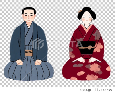 着物姿で座る男女のイラスト 117452759