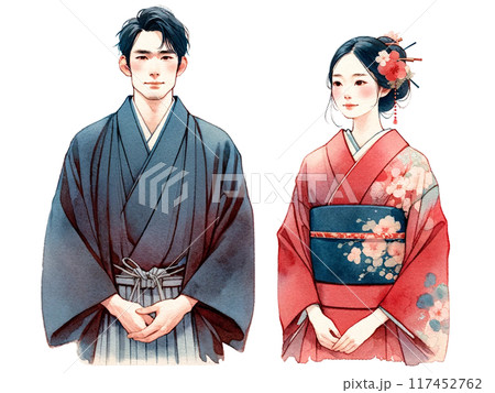 着物姿の男女の上半身のイラスト 117452762