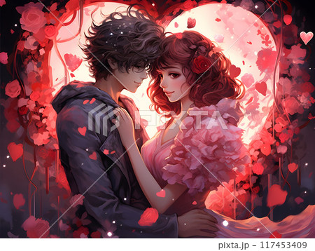 Valentine Day Lovers in a Charming Beautiful Magically Romantic Environment Anime Style AI Artwork 117453409