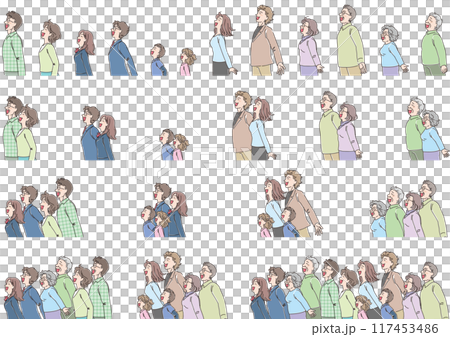 色々な年代の人物_横向き_笑顔で風に立ち向かう_セット 117453486