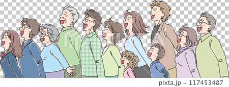 People of various ages _ Sideways _ Smiling and facing the wind _ 12 people lined up in a row 117453487