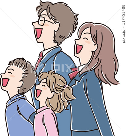 色々な年代の人物_横向き_笑顔で風に向かう_小中学生4人 色々な年代の人物_横向き_笑顔で風に向かう_小中学生4人 117453489