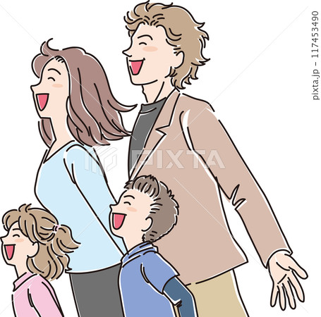 色々な年代の人物_横向き_笑顔で風に向かう_4人家族_小学生男女_両親 117453490