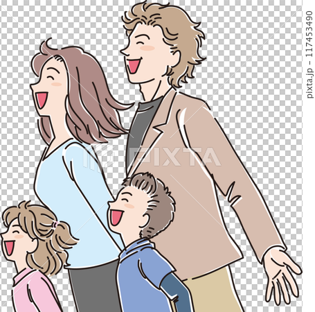 色々な年代の人物_横向き_笑顔で風に向かう_4人家族_小学生男女_両親 117453490