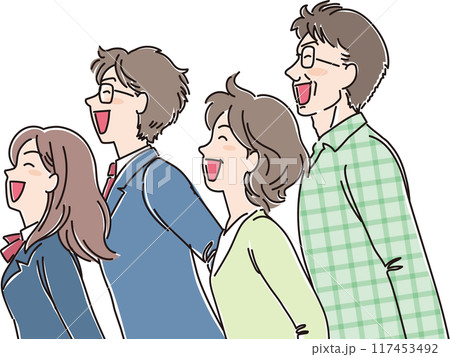 色々な年代の人物_横向き_笑顔で風に向かう_4人家族_高校生男女_両親 117453492
