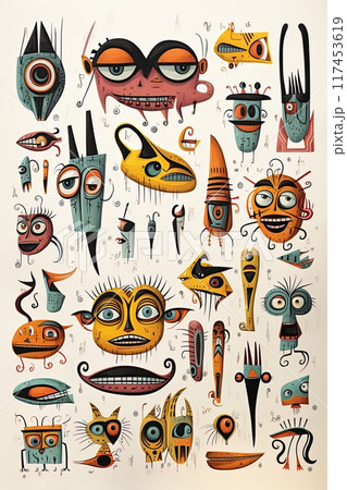 Native ritual masks and ornaments in traditional style. Abstract art poster design. Ai Generative 117453619