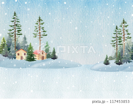 Winter time countryside landscape with small houses, pine trees, snow and ice. Vintage style painted illustration. Hand drawn winter season landscape snowing with Christmas trees, covered with snow Winter time countryside landscape with small houses, pine trees, snow and ice. Vintage style painted illustration. Hand drawn winter season landscape snowing with Christmas trees, covered with snow 117453853