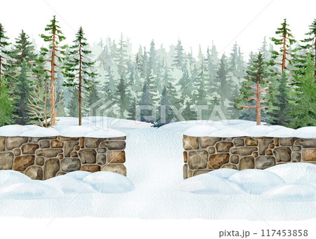 Winter time countryside landscape with coniferous forest, stone fence, snowdrifts. Painted illustration. Hand drawn fir trees, snow piles, old stone wall with entrance in winter season cozy landscape 117453858