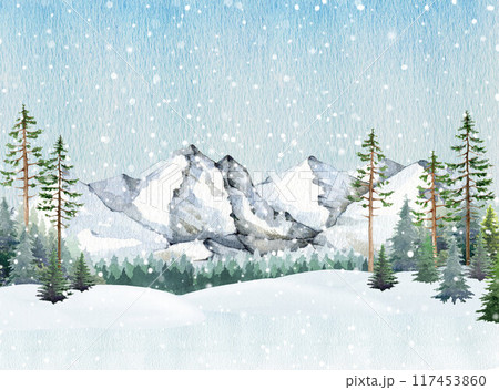Winter season countryside landscape with forest, mountain range during snowfall. Vintage style painted illustration. Winter season landscape scene with mountains, coniferous forest when snowing Winter season countryside landscape with forest, mountain range during snowfall. Vintage style painted illustration. Winter season landscape scene with mountains, coniferous forest when snowing 117453860