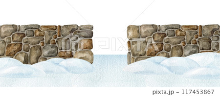 Winter time stone wall with entrance covered with snow, ice. Painted illustration. Outdoors countryside landscape element on white background Hand drawn old stone wall covered with snowdrifts and ice. Winter time stone wall with entrance covered with snow, ice. Painted illustration. Outdoors countryside landscape element on white background Hand drawn old stone wall covered with snowdrifts and ice. 117453867