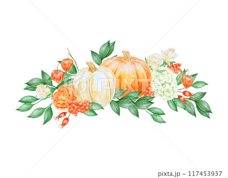 Orange and white pumpkins, roses, hydrangea, rowan berries and rose hips. Hand drawn watercolor isolated illustration with fall vegetables and plants for poster, card. Botanical colorful clipart. 117453937