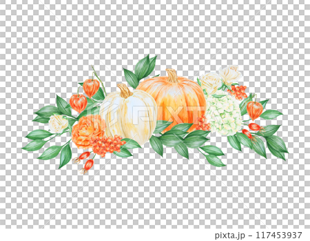 Orange and white pumpkins, roses, hydrangea, rowan berries and rose hips. Hand drawn watercolor isolated illustration with fall vegetables and plants for poster, card. Botanical colorful clipart. 117453937