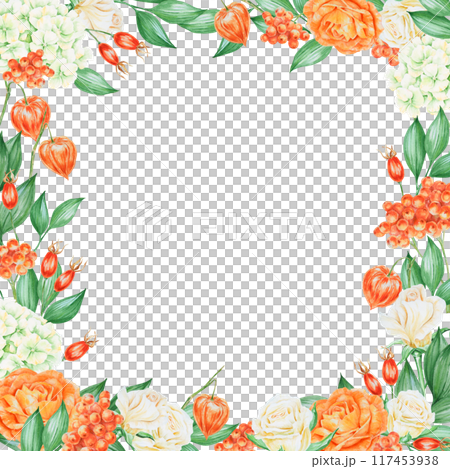 Orange and white roses, hydrangea, rowan berries and rose hips. Hand drawn watercolor isolated horisontal frame with fall berries, flowers and plants for banner template with copy space for text 117453938