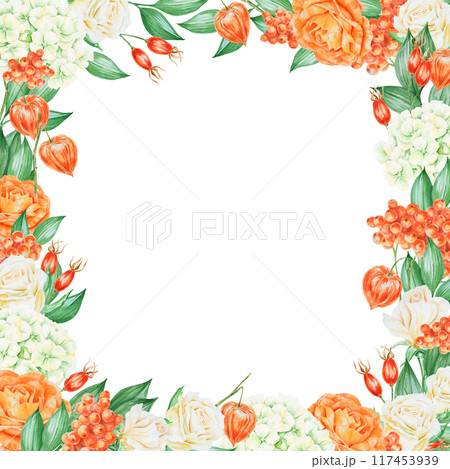 Orange and white roses, hydrangea, rowan berries and rose hips. Hand drawn watercolor isolated horisontal frame with fall berries, flowers and plants for banner template with copy space for text Orange and white roses, hydrangea, rowan berries and rose hips. Hand drawn watercolor isolated horisontal frame with fall berries, flowers and plants for banner template with copy space for text 117453939