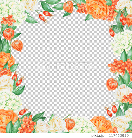 Orange and white roses, hydrangea, rowan berries and rose hips. Hand drawn watercolor isolated horisontal frame with fall berries, flowers and plants for banner template with copy space for text Orange and white roses, hydrangea, rowan berries and rose hips. Hand drawn watercolor isolated horisontal frame with fall berries, flowers and plants for banner template with copy space for text 117453939