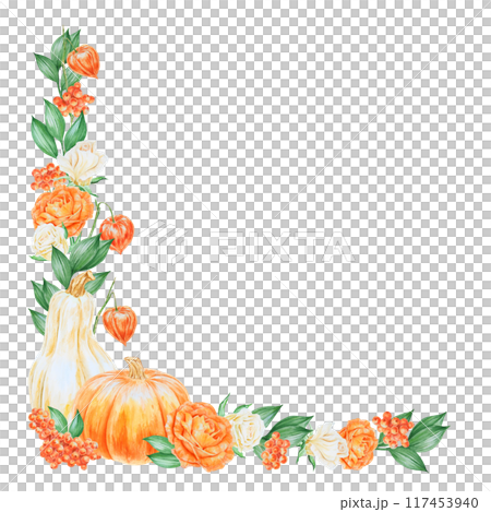 Orange and white pumpkins, roses, hydrangea, rowan berries and rose hips. Hand drawn watercolor isolated corner frame with fall vegetables and plants for banner template with copy space for text Orange and white pumpkins, roses, hydrangea, rowan berries and rose hips. Hand drawn watercolor isolated corner frame with fall vegetables and plants for banner template with copy space for text 117453940