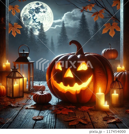 ハロウィンのかぼちゃと夜空に浮かぶ月 ハロウィンのかぼちゃと夜空に浮かぶ月 117454000