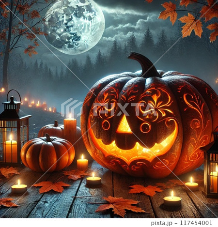 ハロウィンのかぼちゃと夜空に浮かぶ月 ハロウィンのかぼちゃと夜空に浮かぶ月 117454001