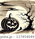 ハロウィンのかぼちゃと水墨画 117454049