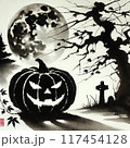 ハロウィンのかぼちゃと水墨画 117454128