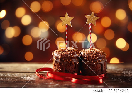 Chocolate brownies decorated with golden stars. Christmas food and decoration. Generative Ai 117454240