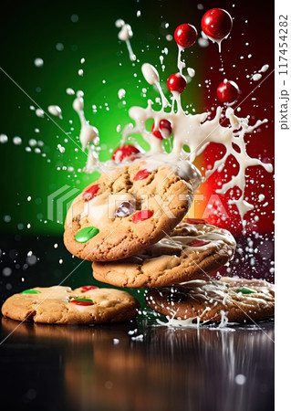 Chocolate chip cookies falling and milk splashing. Generative Ai 117454282