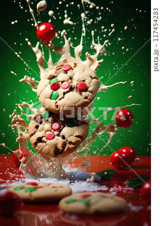 Chocolate chip cookies falling and milk splashing. Generative Ai 117454283
