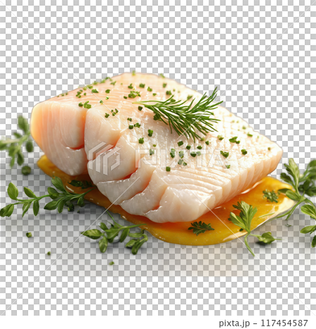 Cod fillet white flaky fillet herbs fluttering down Food and Culinary concept 117454587