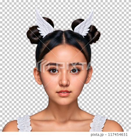 Young Eurasian woman with space buns and winged eyeliner adorable face grieving eyes delighting mouth. Essence of diverse femininity. Young Eurasian woman with space buns and winged eyeliner adorable face grieving eyes delighting mouth. Essence of diverse femininity. 117454631