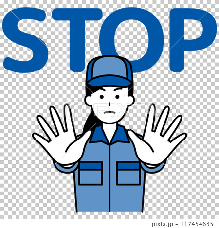 両手を前に出してSTOPと言うつなぎ作業服の女性 両手を前に出してSTOPと言うつなぎ作業服の女性 117454635