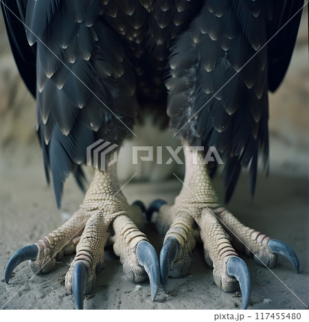 Impressive talons of large bird resting on ground, highlighting intricate details of its claws and feathers. Setting reveals natural environment that emphasizes beauty and power 117455480