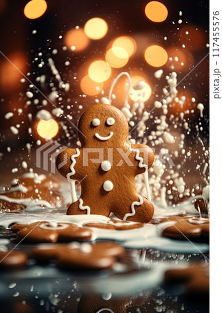 Gingerbread cookie in a milk splash....のイラスト素材 [117455576] - PIXTA