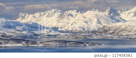 Aerial Panorama of norwegian city of Tromso in the winter. Snowy roofs, embankment near the port and fishing ships, Sunny winter day. 117456561