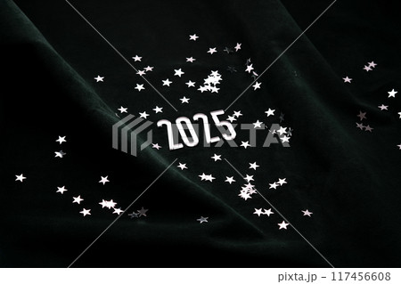 New Year 2025 dark background. Number of the coming year in Christmas decoration. New Year 2025 dark background. Number of the coming year in Christmas decoration. 117456608