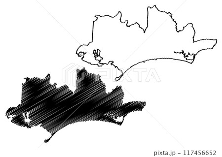 Unitary authority area of Bournemouth, Christchurch and Poole (United Kingdom of Great Britain and Northern Ireland, ceremonial county Dorset, Dorsetshire, England) map vector, scribble sketch map 117456652