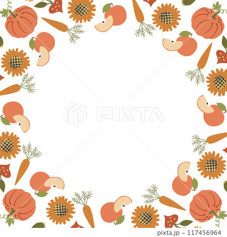 Healthy Autumn vegetables frame, organic vegetarian card design. Cute funny veggies Border background with natural farm pumpkin, carrot, apple. Colored childish kids flat vector Harvest illustration 117456964