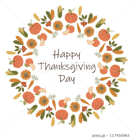 Happy Thanksgiving Day Wreath of autumn leaves with pumpkins, carrot, Sunflower, Apples. Vector Flat or Cartoon Round Border frame with Lettering. Holiday Celebration Template for Card, Poster, Art 117456965